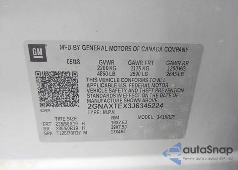 2018 Chevrolet Equinox Lt z USA, uszkodzony, nr VIN 2GNAXTEX3J6345224